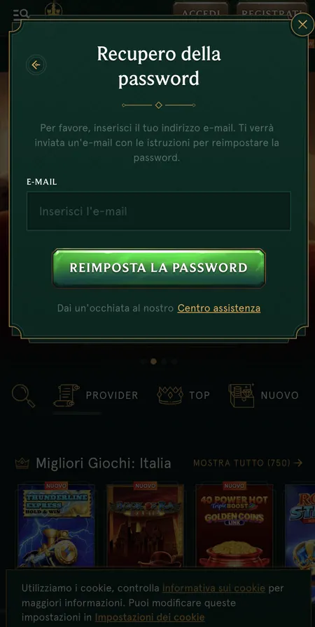 Form recupero password Casinia con campo email