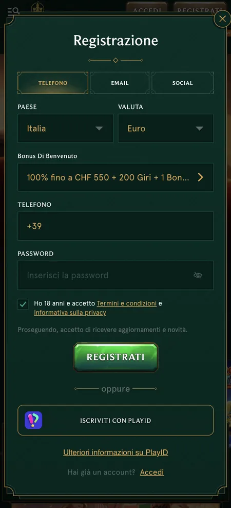 Modulo di registrazione Casinia con selezione bonus